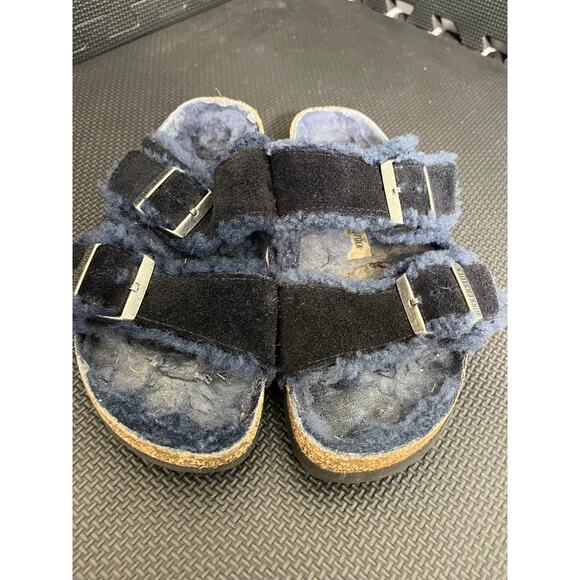 Birkenstock Navy Blue Arizona Shearling Slide Sandal Comfort Casual Boho - Picture 3 of 8